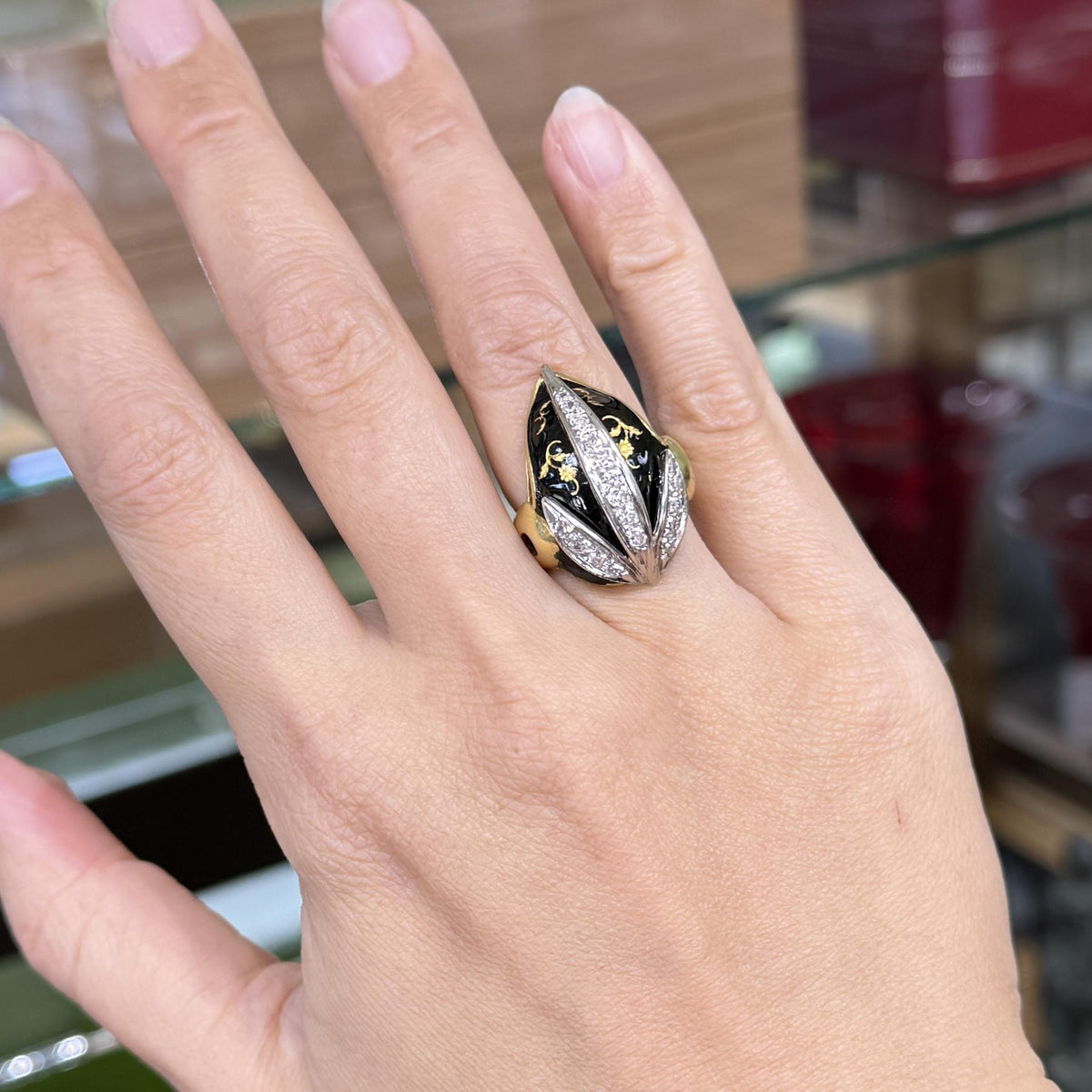 Vintage Black Enamel and Diamond Tulip Ring 18k Yellow Gold