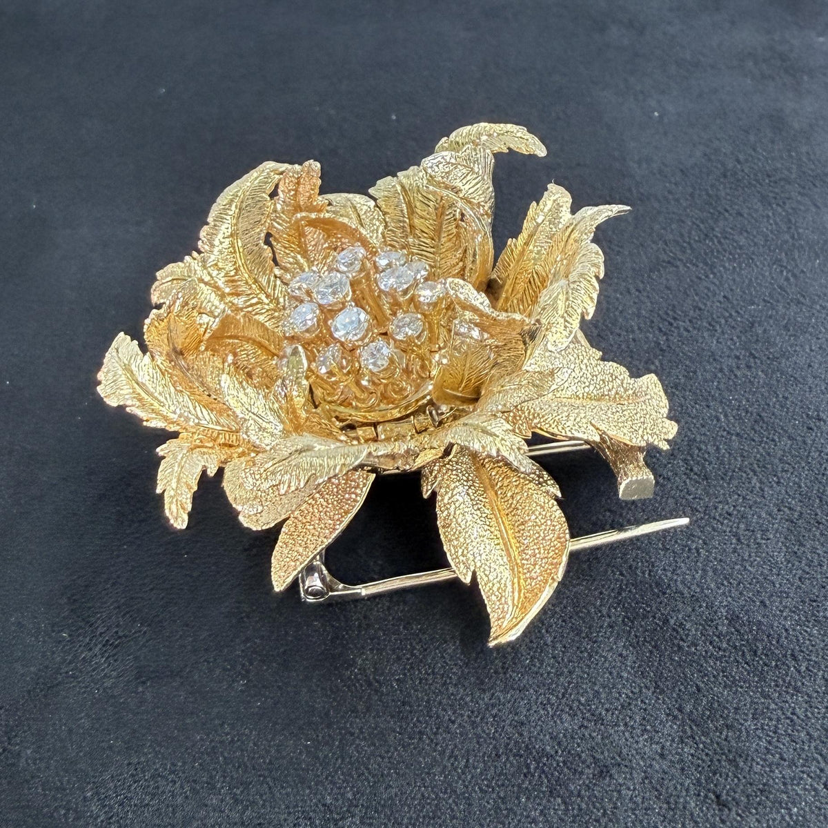 Vintage Robert Altman Articulating Diamond Flower Brooch 14k Yellow Gold