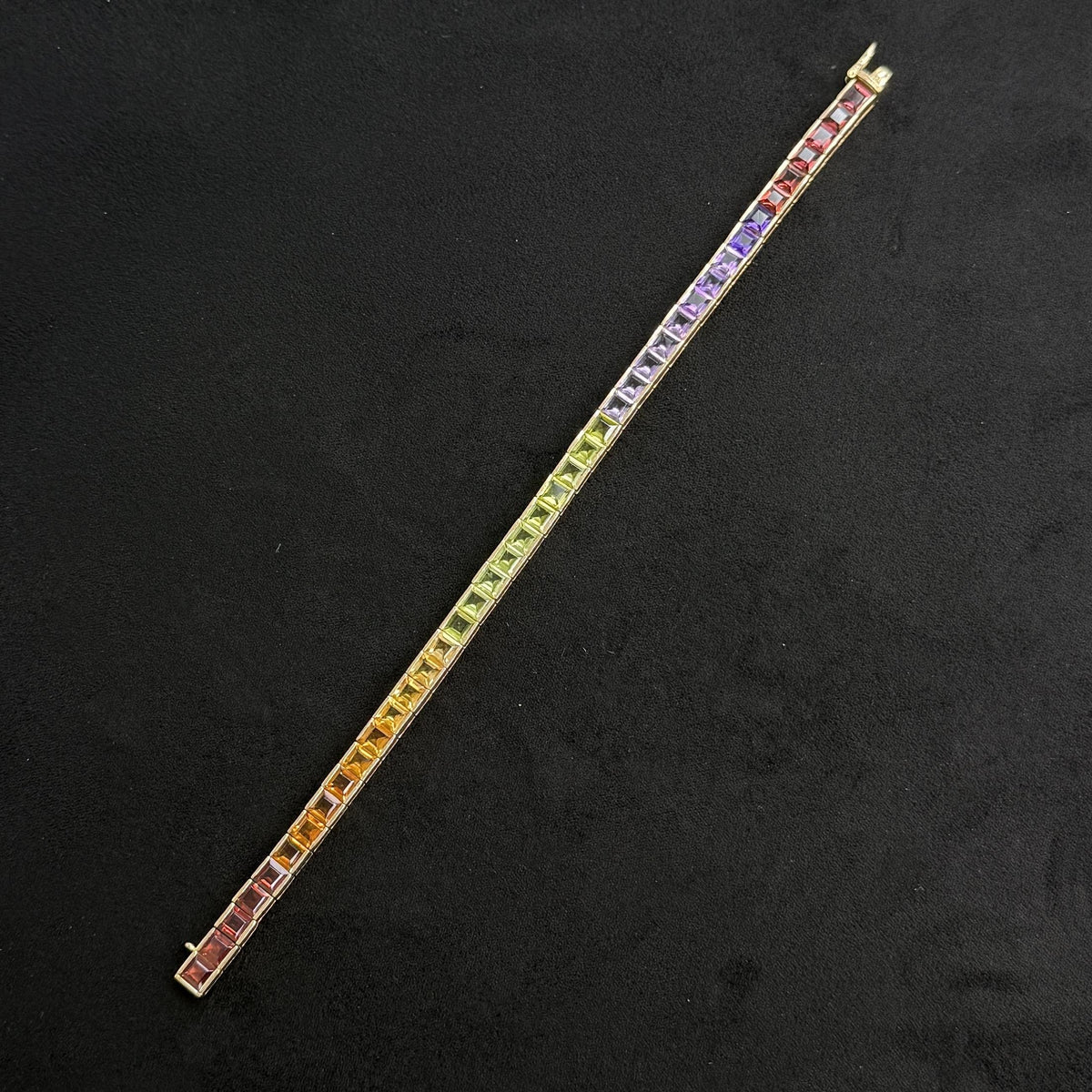 Vintage 1990's Rainbow Gemstone Tennis Bracelet 14k Yellow Gold