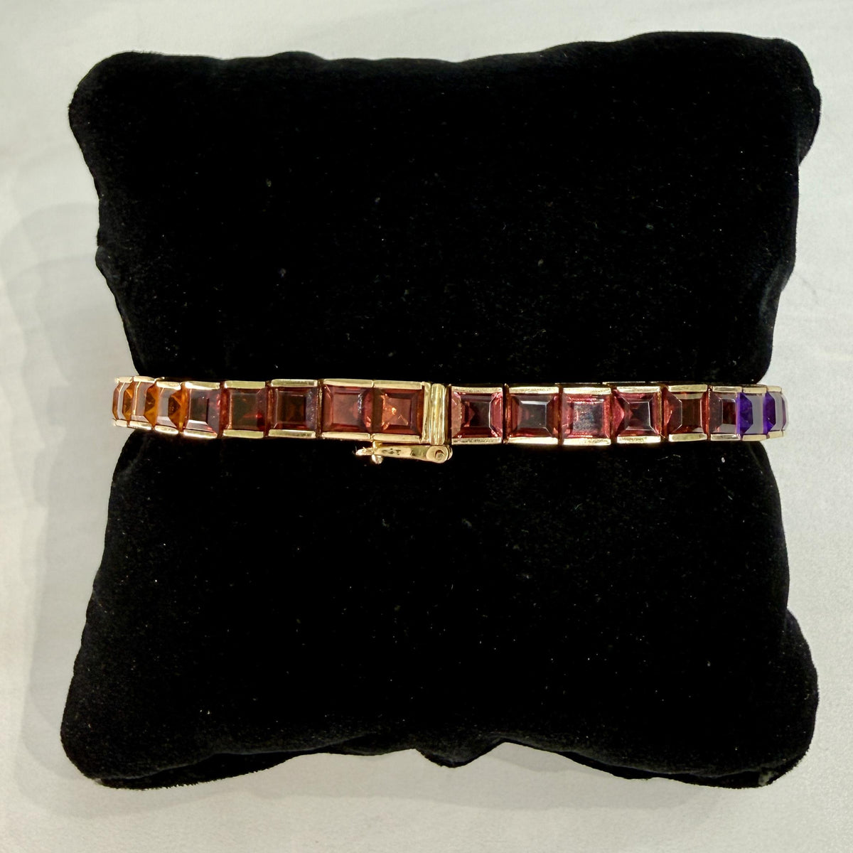 Vintage 1990's Rainbow Gemstone Tennis Bracelet 14k Yellow Gold