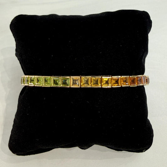 Vintage 1990's Rainbow Gemstone Tennis Bracelet 14k Yellow Gold