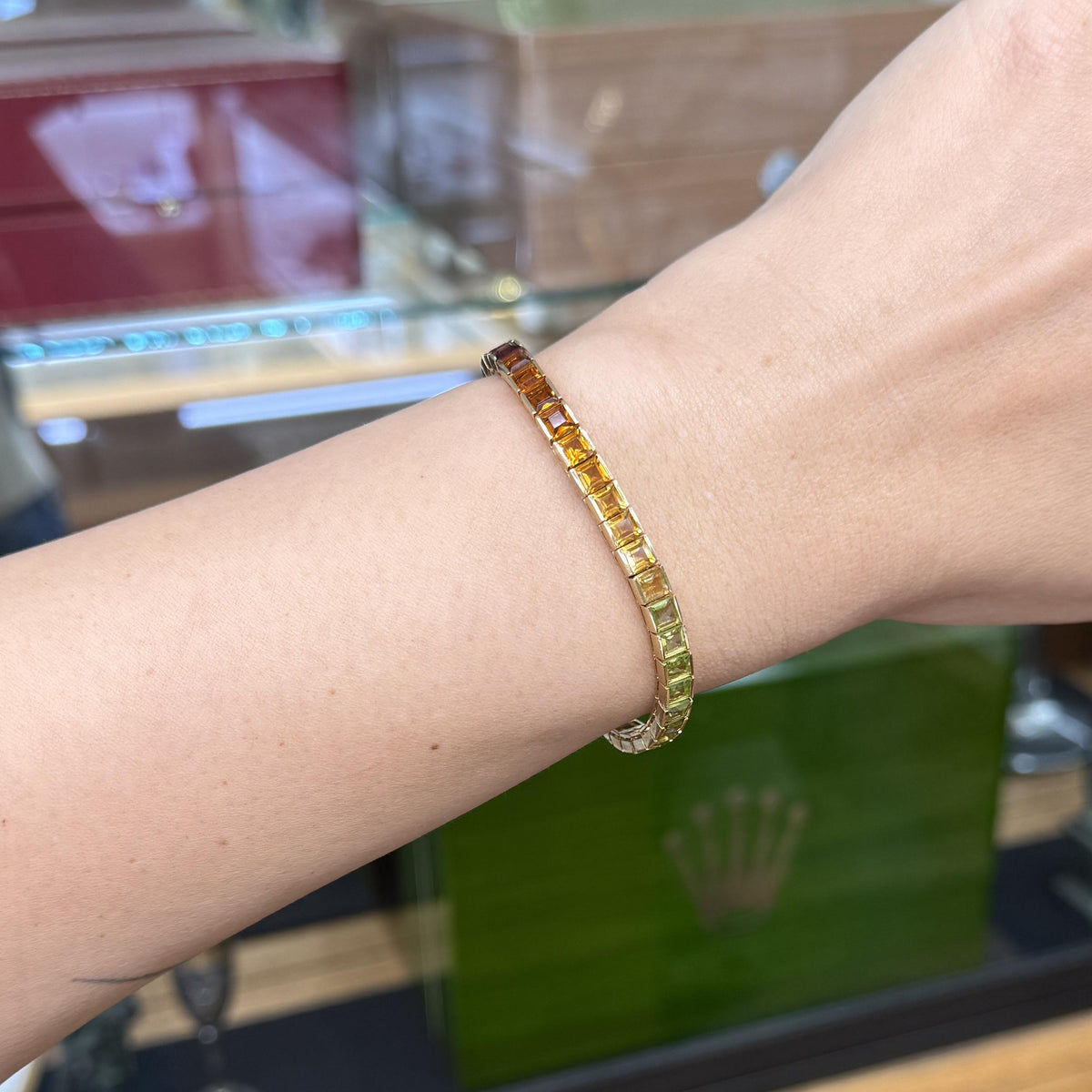 Vintage 1990's Rainbow Gemstone Tennis Bracelet 14k Yellow Gold
