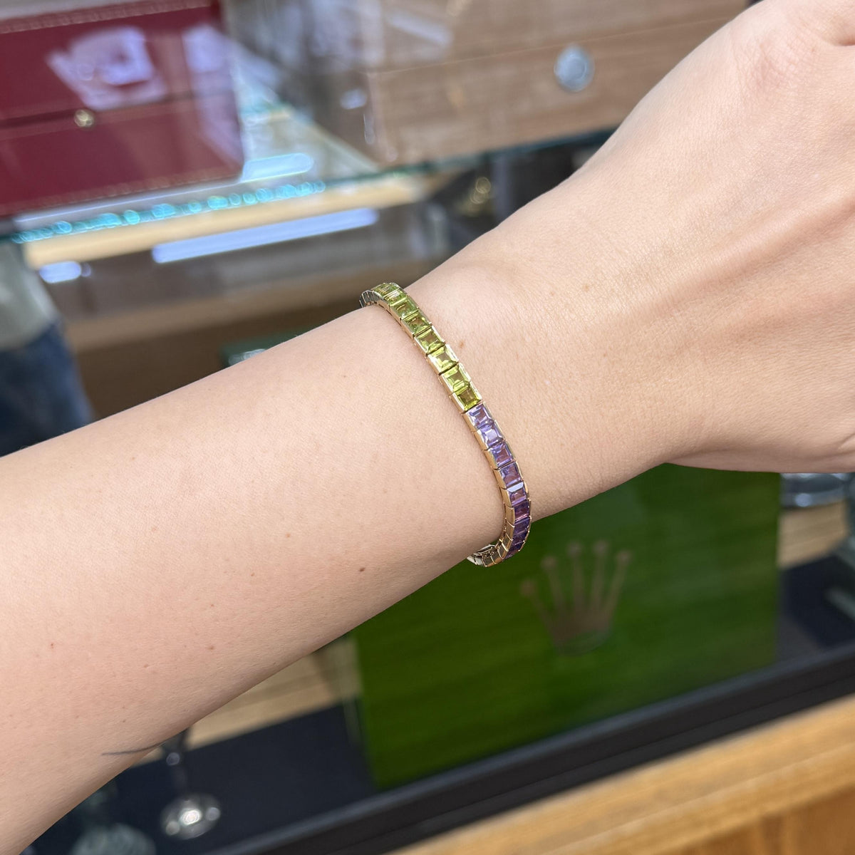 Vintage 1990's Rainbow Gemstone Tennis Bracelet 14k Yellow Gold