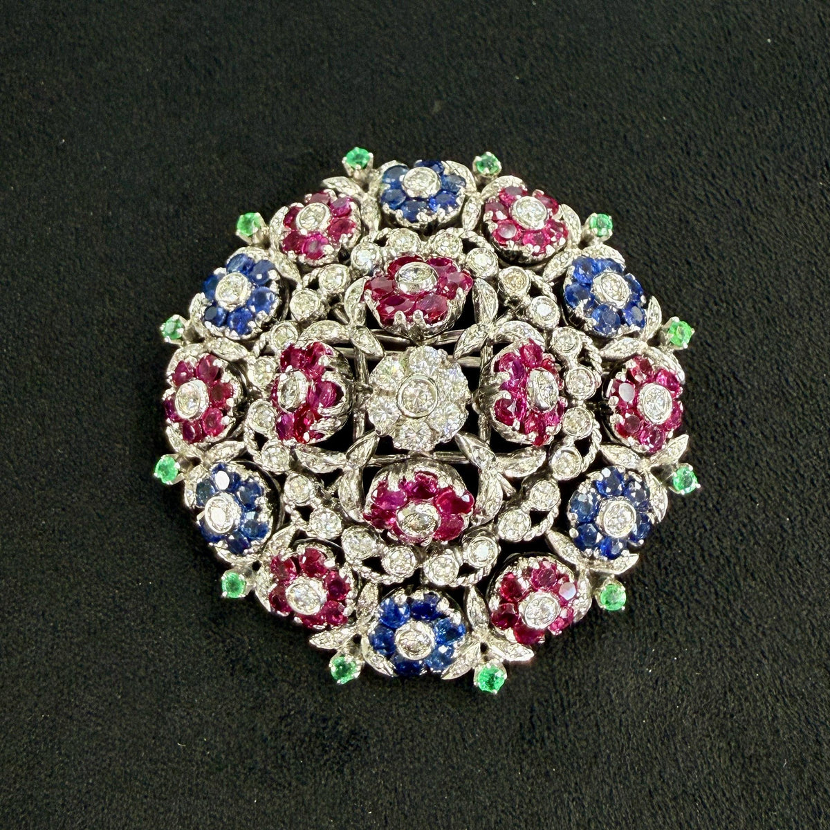 1950's En Tremblant Ruby Sapphire Emerald Diamond Brooch 18/14k