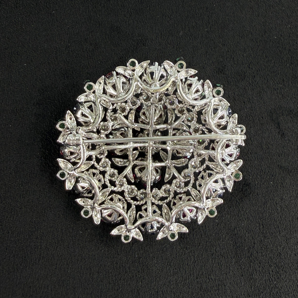 1950's En Tremblant Ruby Sapphire Emerald Diamond Brooch 18/14k