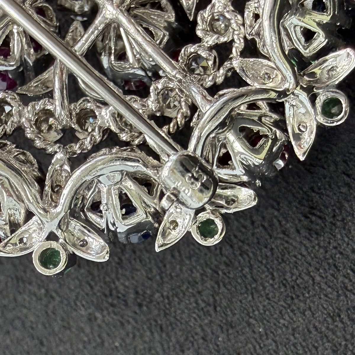 1950's En Tremblant Ruby Sapphire Emerald Diamond Brooch 18/14k