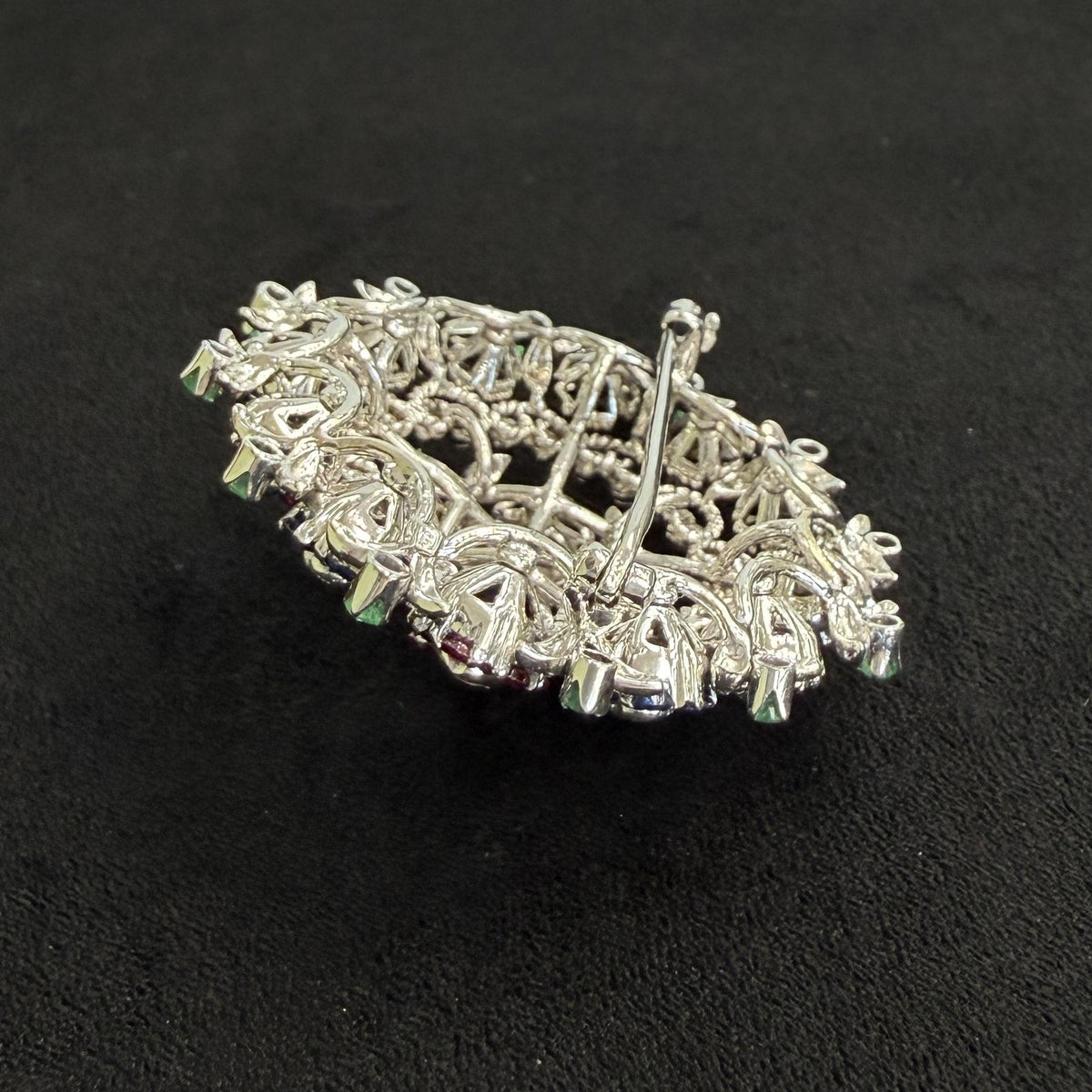 1950's En Tremblant Ruby Sapphire Emerald Diamond Brooch 18/14k