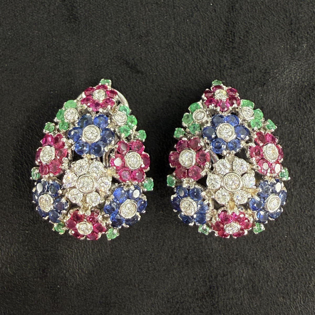 1950's Emerald Ruby Sapphire and Diamond Flower Clip On Earrings 18k White Gold