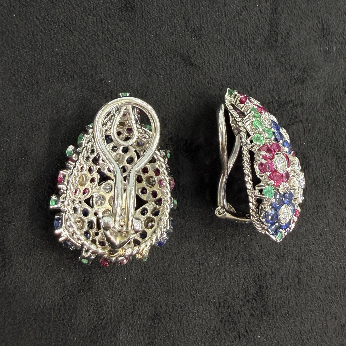 1950's Emerald Ruby Sapphire and Diamond Flower Clip On Earrings 18k White Gold