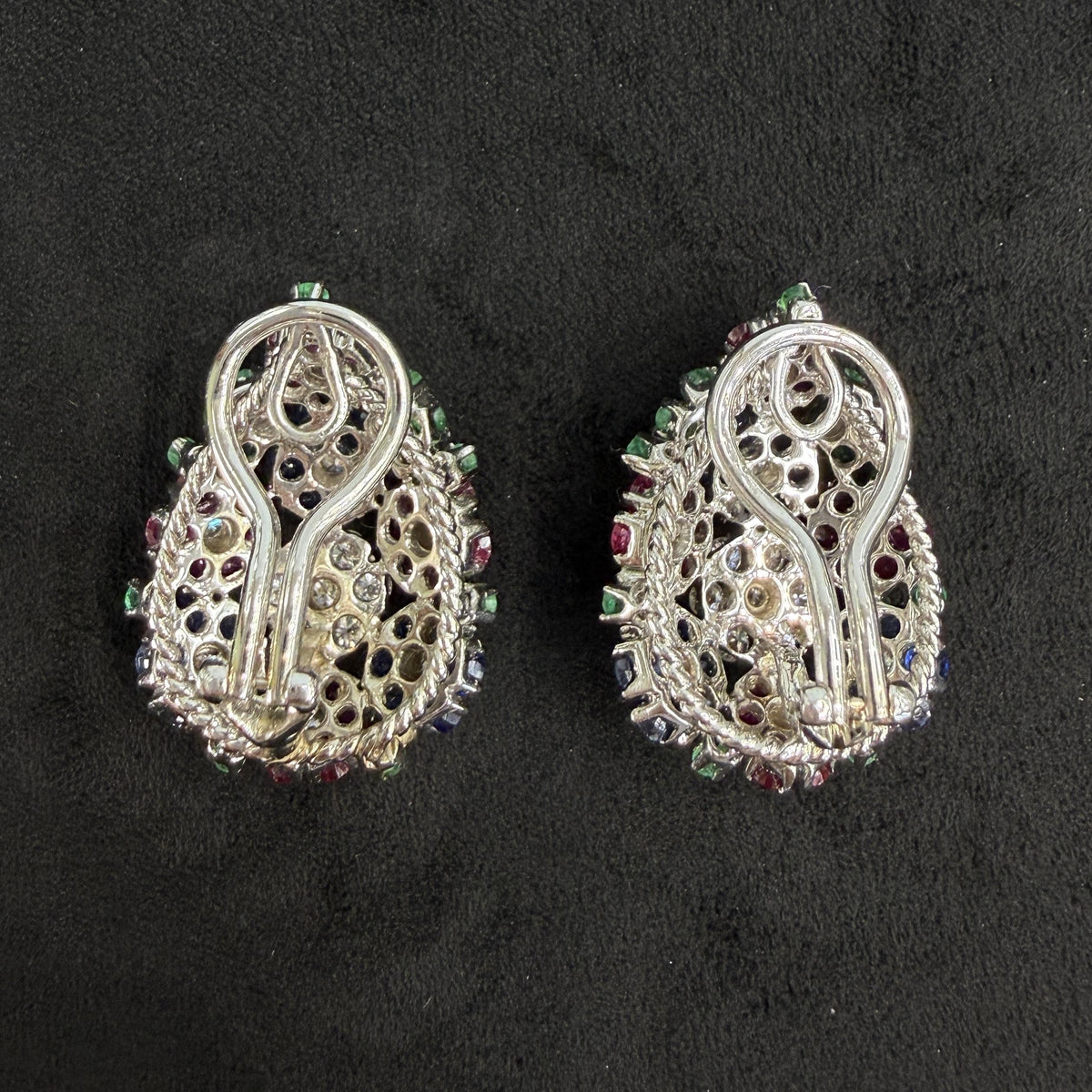 1950's Emerald Ruby Sapphire and Diamond Flower Clip On Earrings 18k White Gold