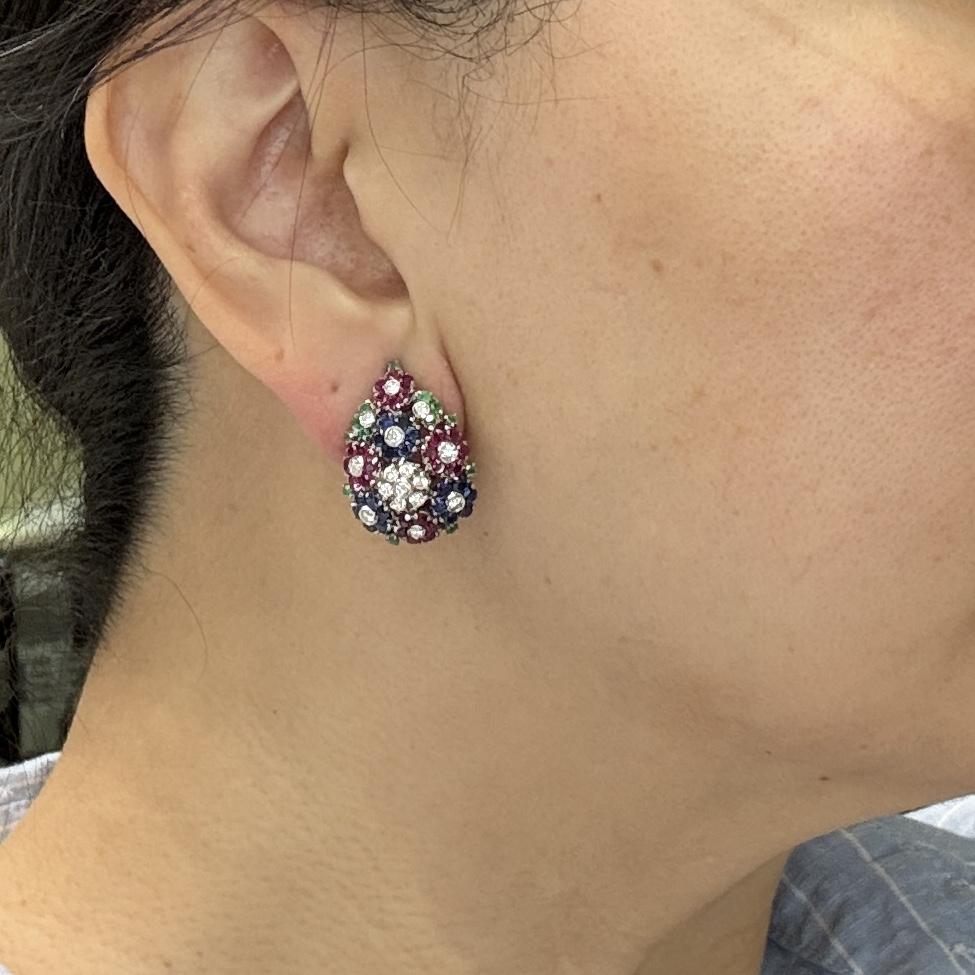 1950's Emerald Ruby Sapphire and Diamond Flower Clip On Earrings 18k White Gold