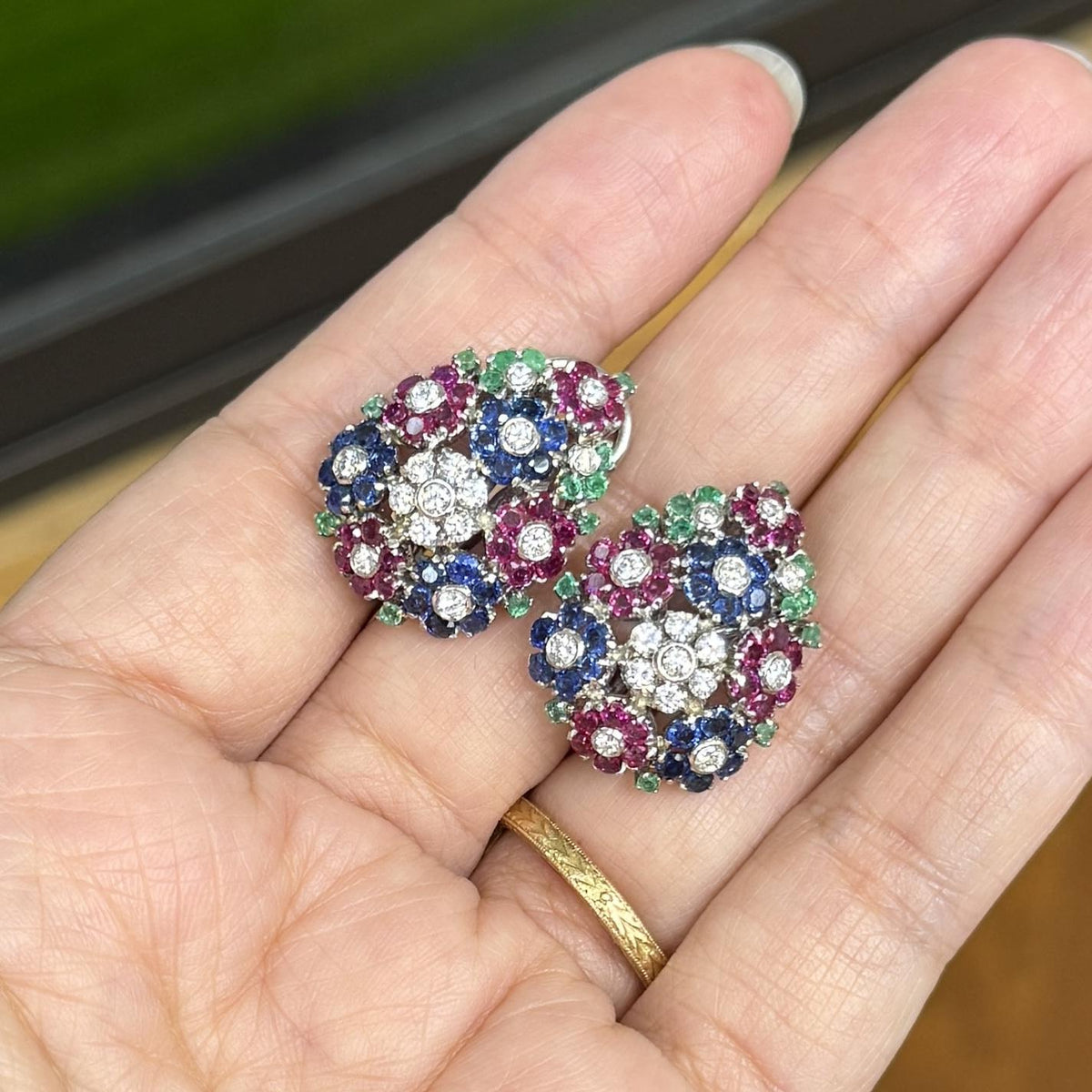 1950's Emerald Ruby Sapphire and Diamond Flower Clip On Earrings 18k White Gold