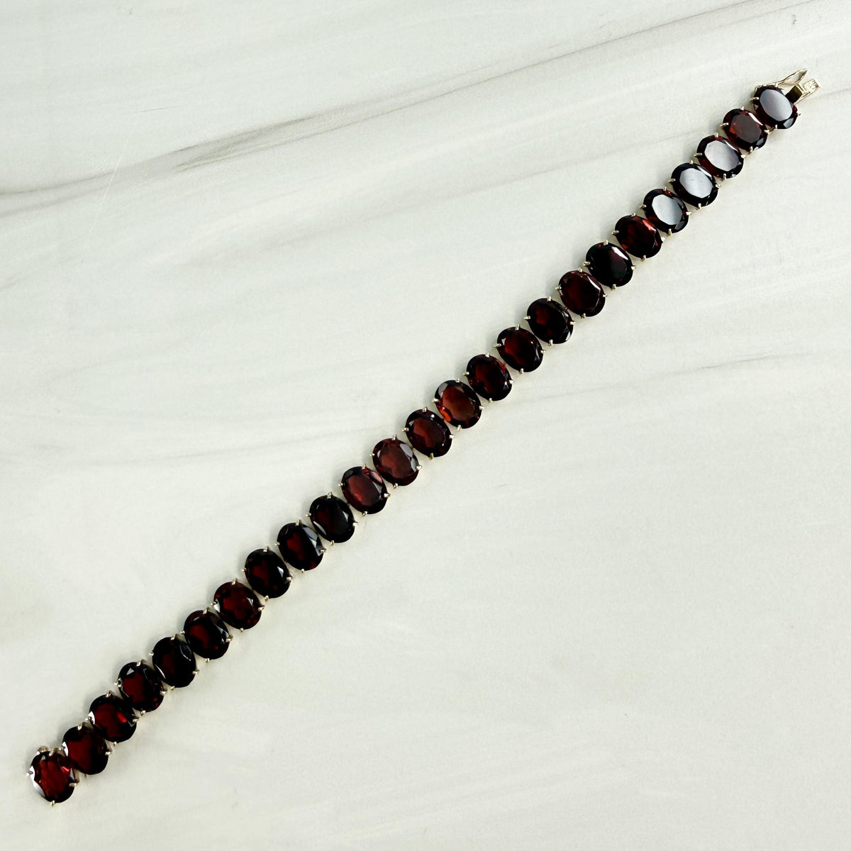 Vintage 1950's Oval Garnet Tennis Bracelet 12k Yellow Gold