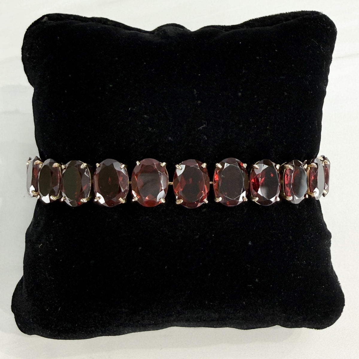 Vintage 1950's Oval Garnet Tennis Bracelet 12k Yellow Gold