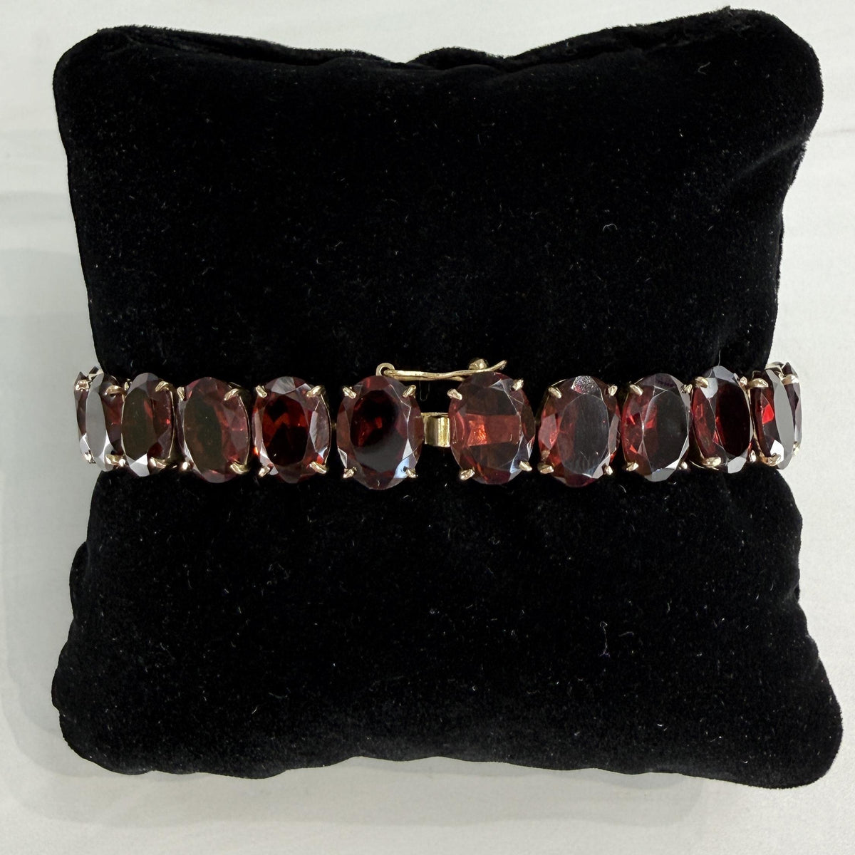 Vintage 1950's Oval Garnet Tennis Bracelet 12k Yellow Gold