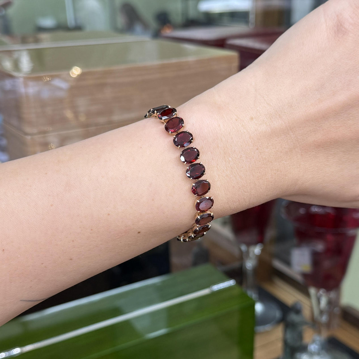 Vintage 1950's Oval Garnet Tennis Bracelet 12k Yellow Gold