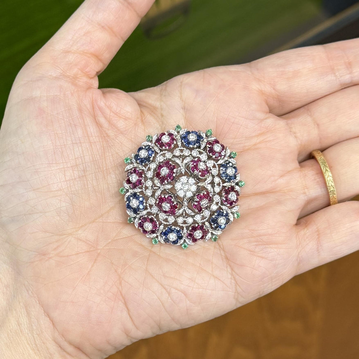 1950's En Tremblant Ruby Sapphire Emerald Diamond Brooch 18/14k
