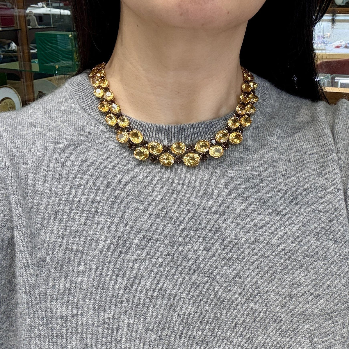 Vintage 1980's Citrine and Smoky Quartz Statement Necklace 18k Yellow Gold