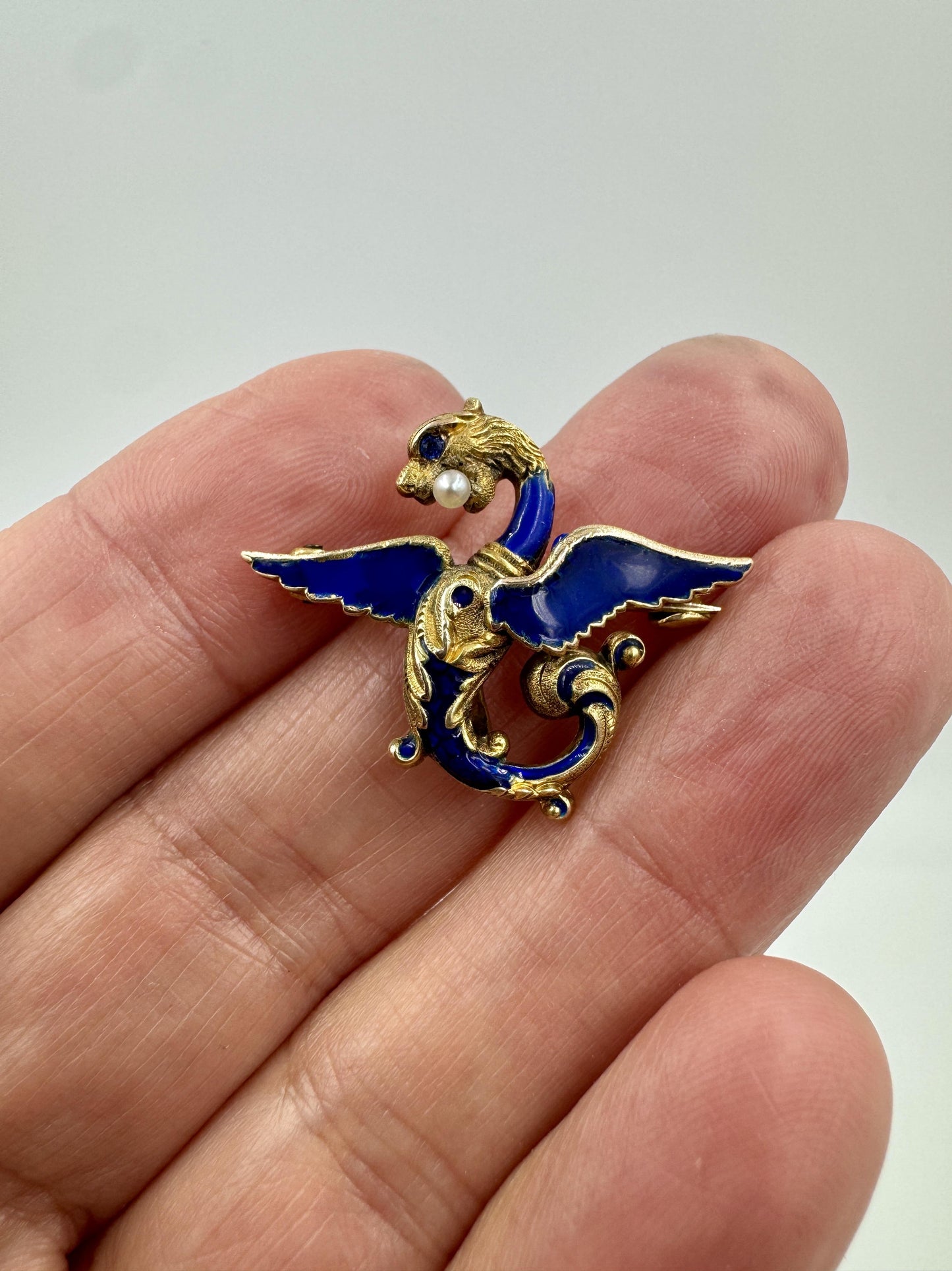 Antique 14k gold Griffin Enamel Dragon Pin Brooch Sapphire eye
