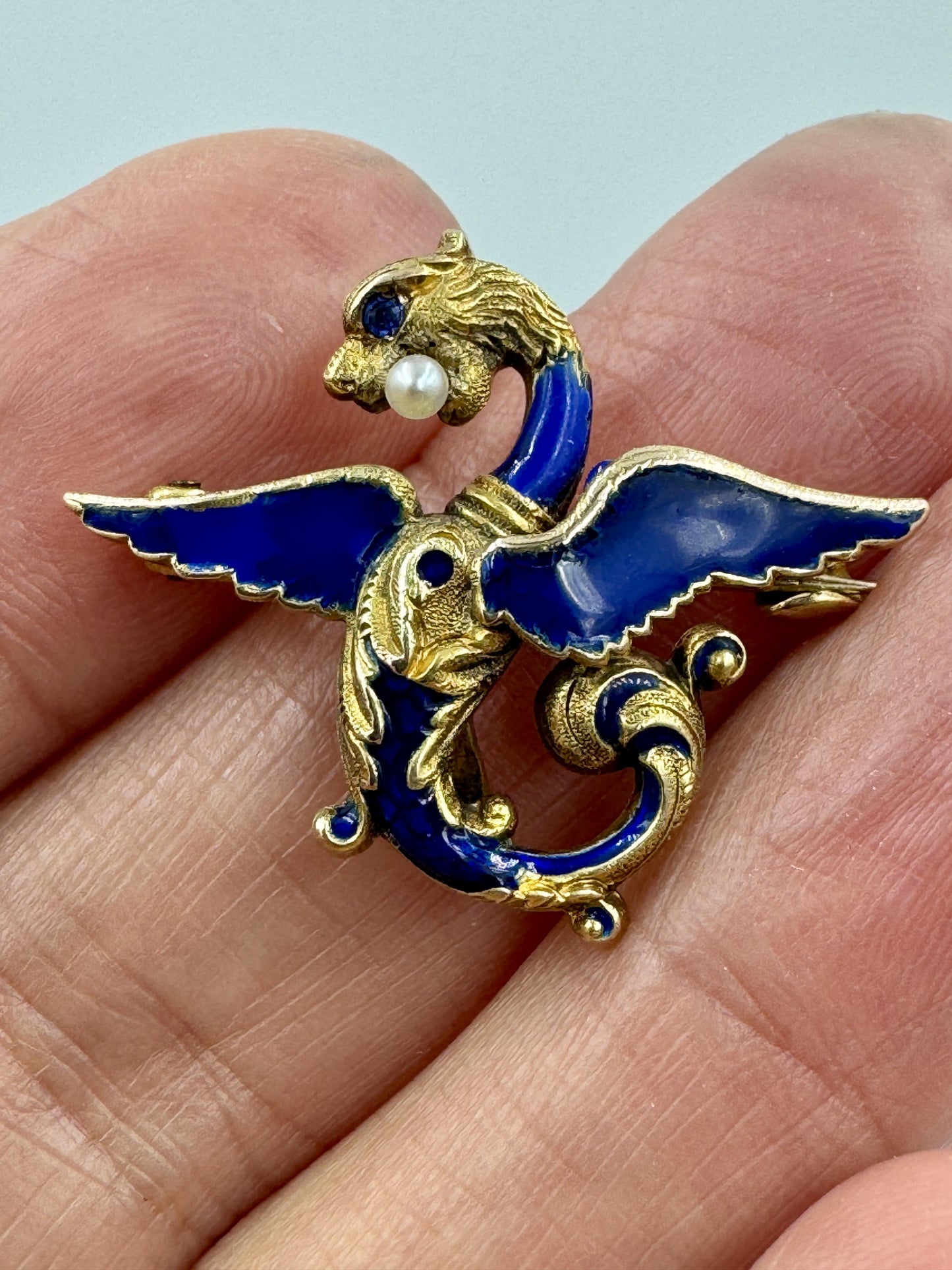 Antique 14k gold Griffin Enamel Dragon Pin Brooch Sapphire eye