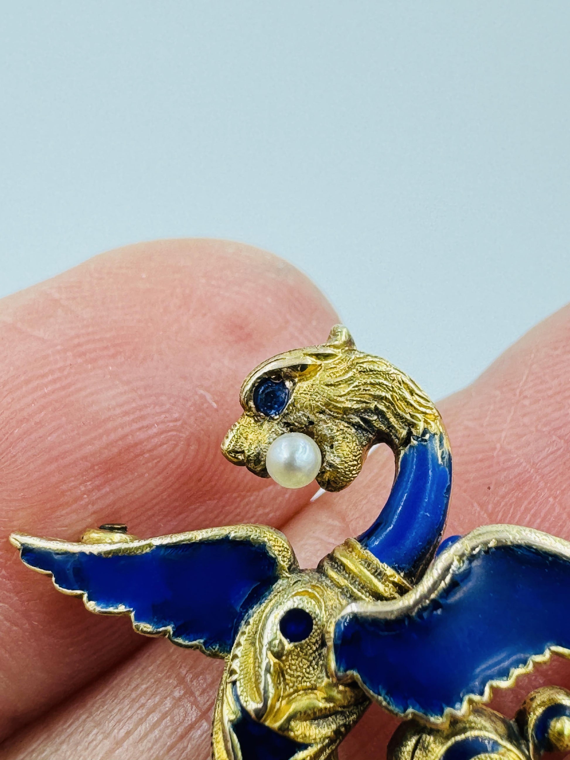 Antique 14k gold Griffin Enamel Dragon Pin Brooch Sapphire eye