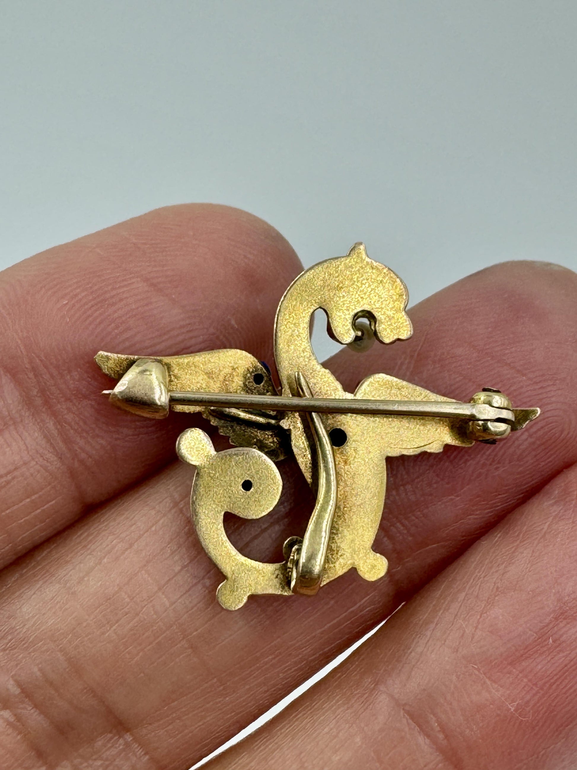 Antique 14k gold Griffin Enamel Dragon Pin Brooch Sapphire eye