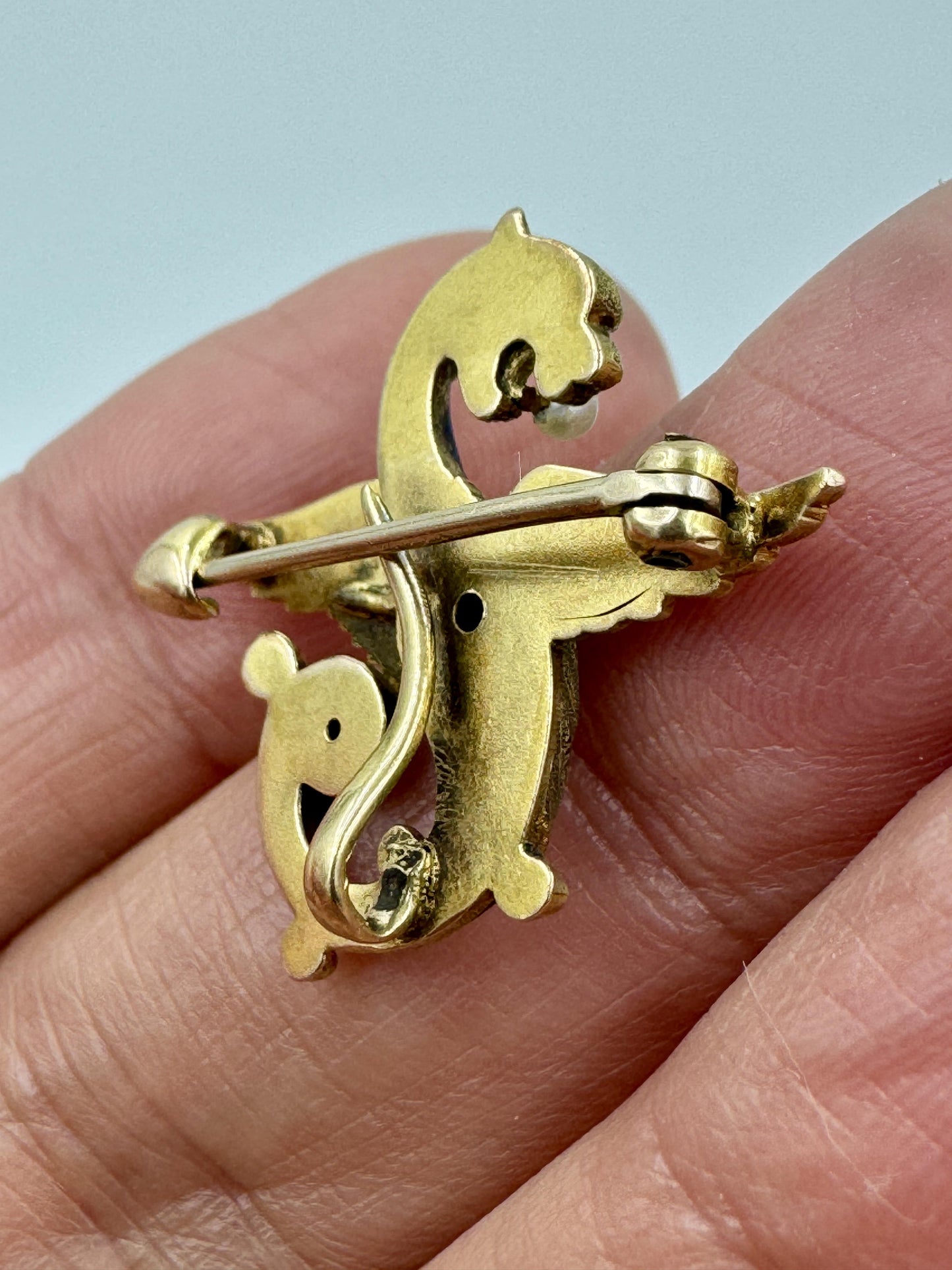 Antique 14k gold Griffin Enamel Dragon Pin Brooch Sapphire eye