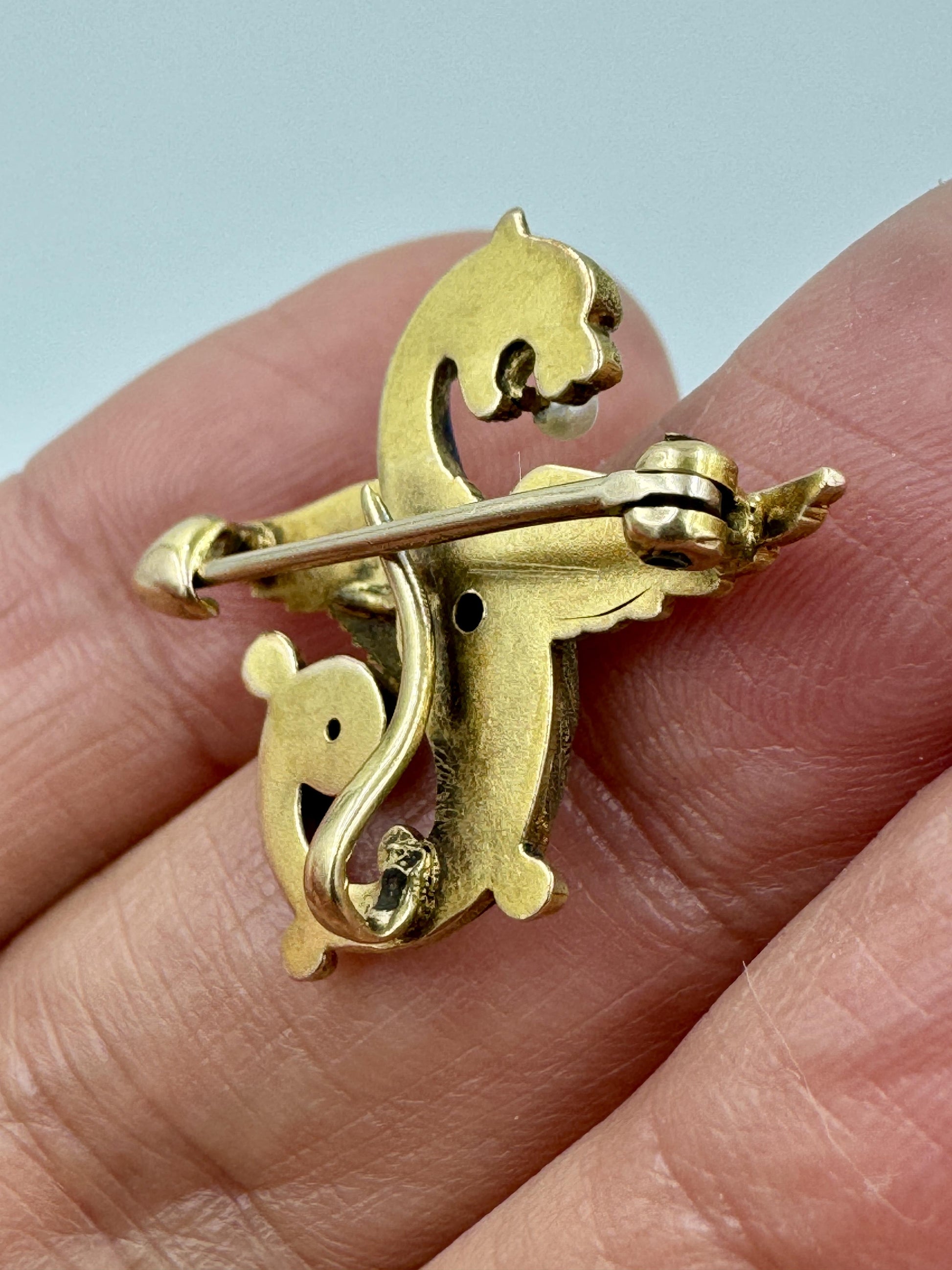 Antique 14k gold Griffin Enamel Dragon Pin Brooch Sapphire eye