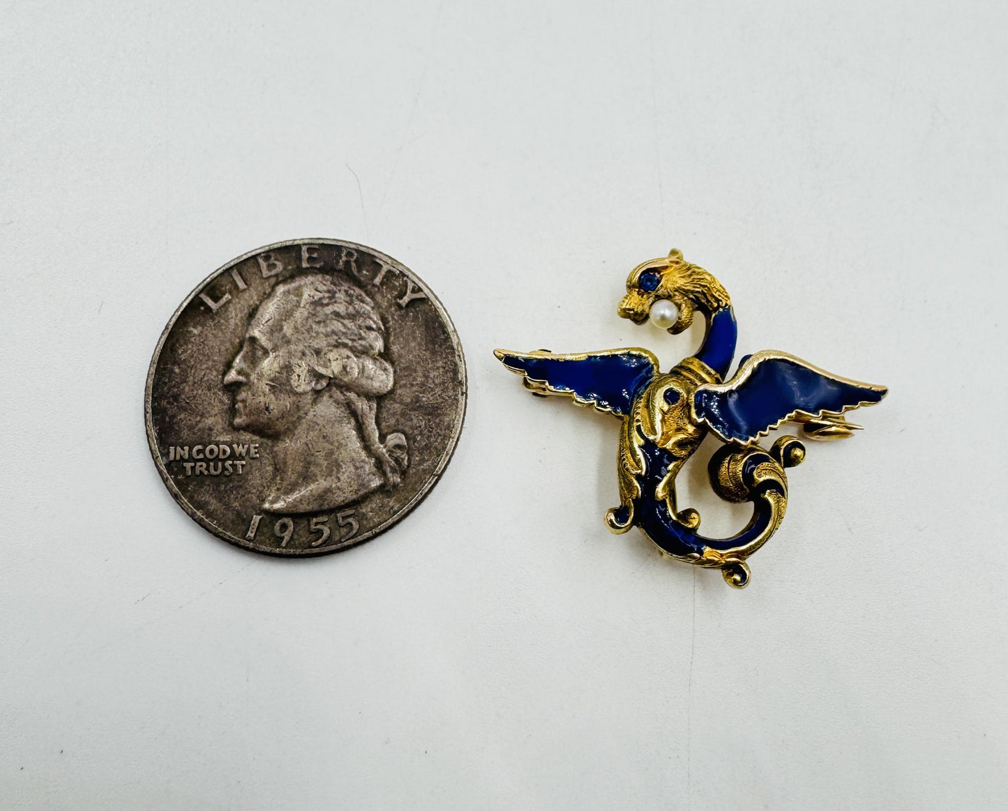 Antique 14k gold Griffin Enamel Dragon Pin Brooch Sapphire eye