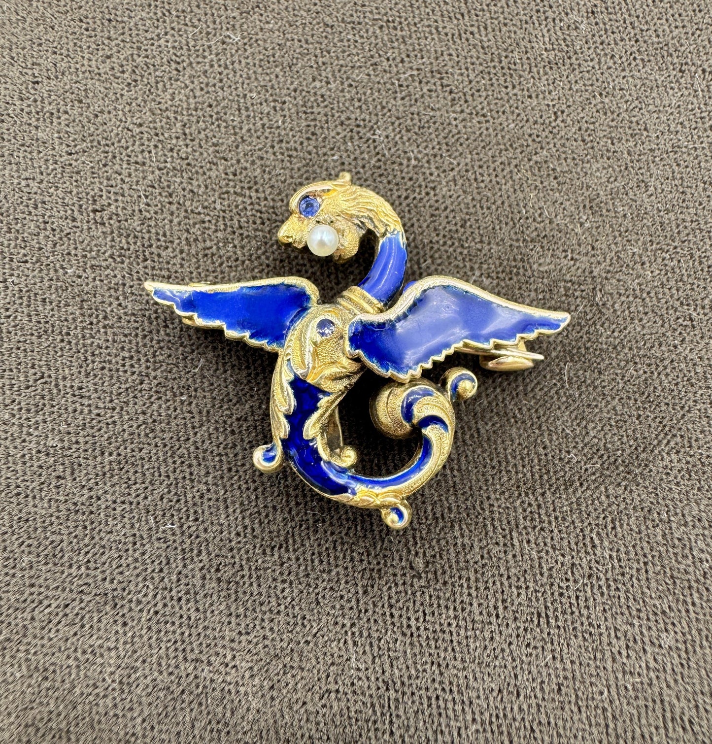 Antique 14k gold Griffin Enamel Dragon Pin Brooch Sapphire eye