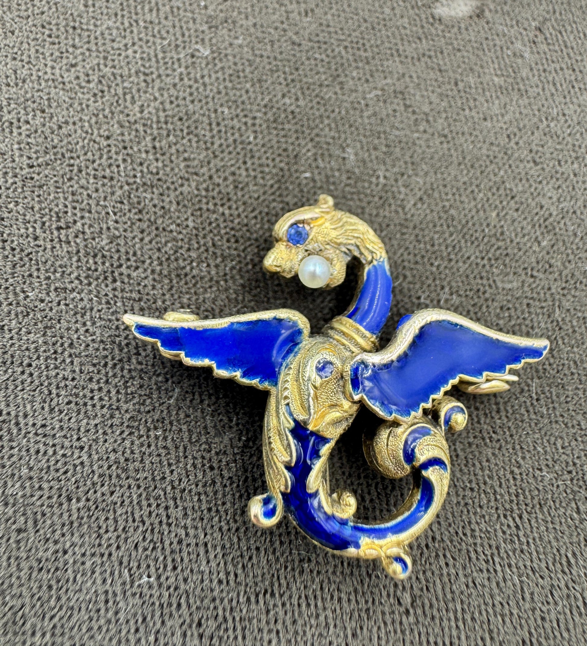 Antique 14k gold Griffin Enamel Dragon Pin Brooch Sapphire eye