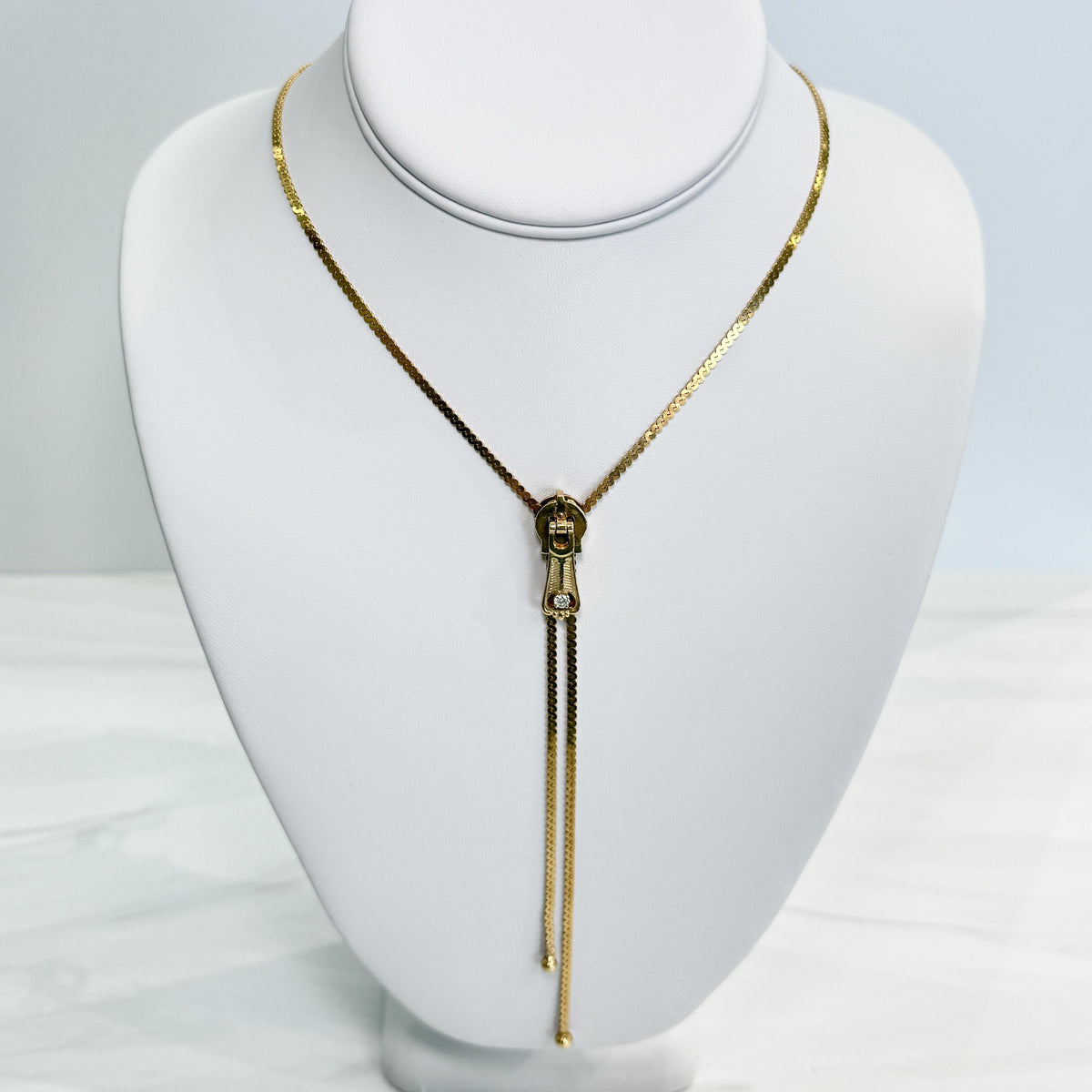 Vintage Lariat Zipper "Y" Diamond Necklace 14k Yellow Gold