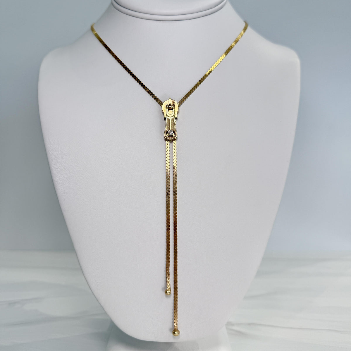 Vintage Lariat Zipper "Y" Diamond Necklace 14k Yellow Gold