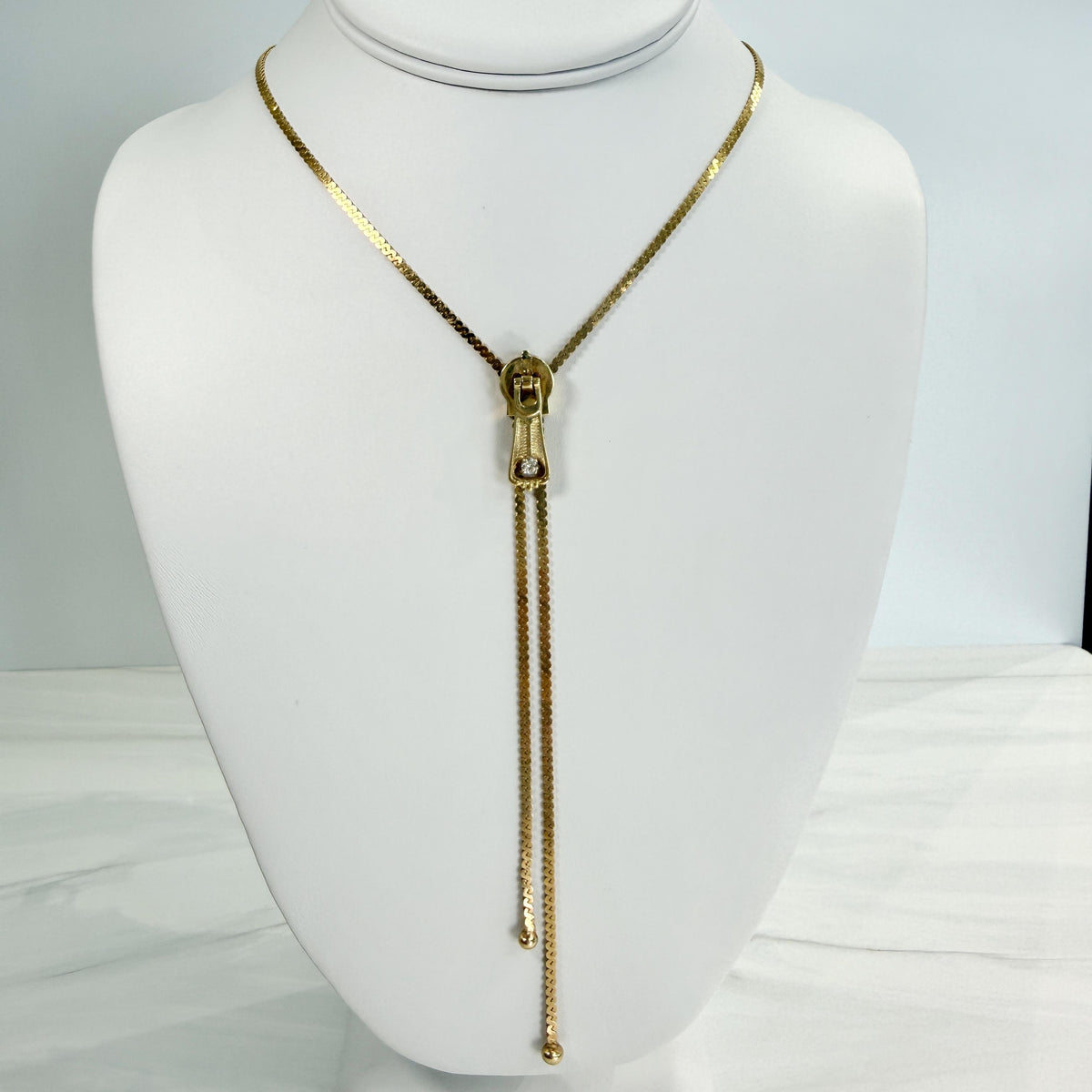 Vintage Lariat Zipper "Y" Diamond Necklace 14k Yellow Gold