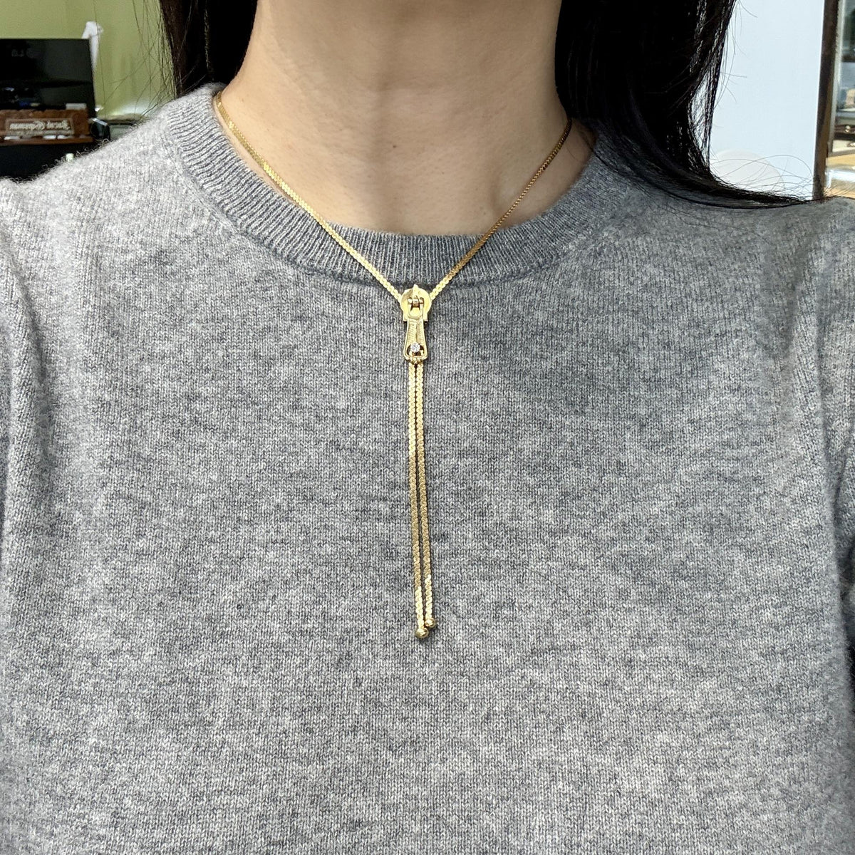 Vintage Lariat Zipper "Y" Diamond Necklace 14k Yellow Gold