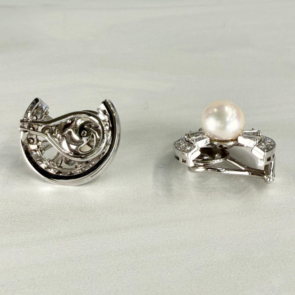 Vintage 1950's Pearl and Diamond Crescent Clip On Earrings 14k White Gold