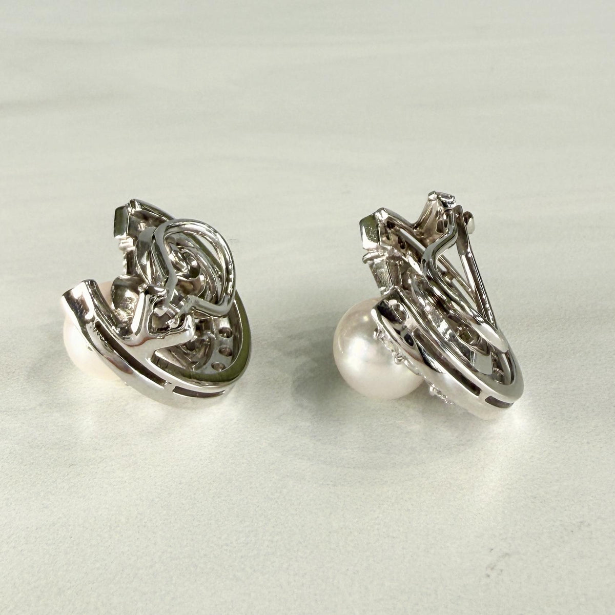 Vintage 1950's Pearl and Diamond Crescent Clip On Earrings 14k White Gold