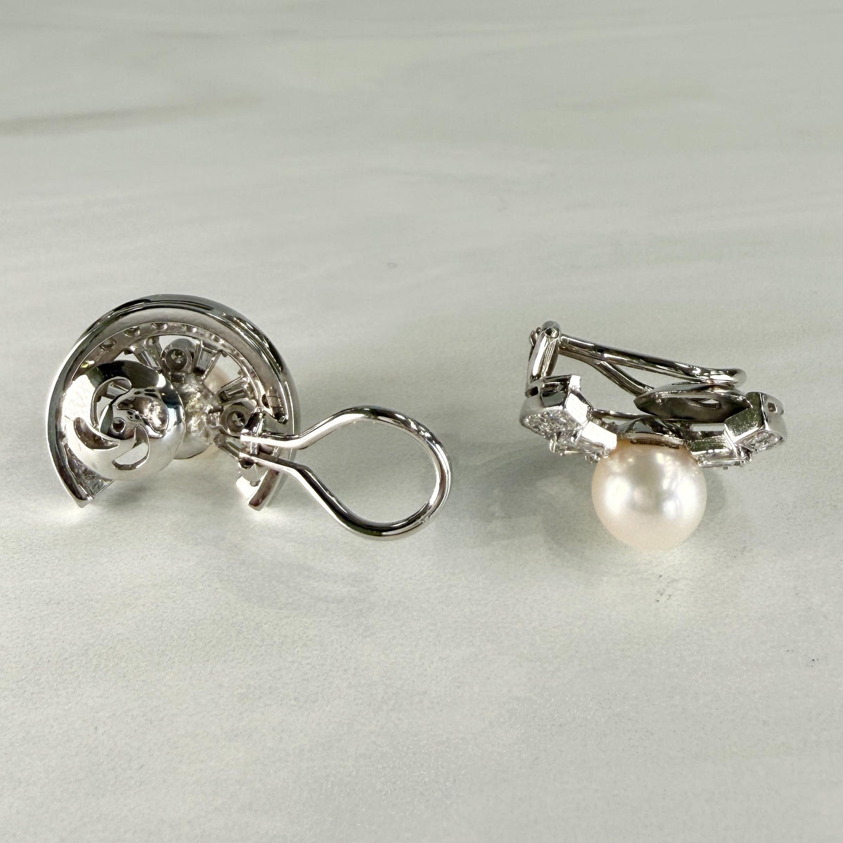 Vintage 1950's Pearl and Diamond Crescent Clip On Earrings 14k White Gold