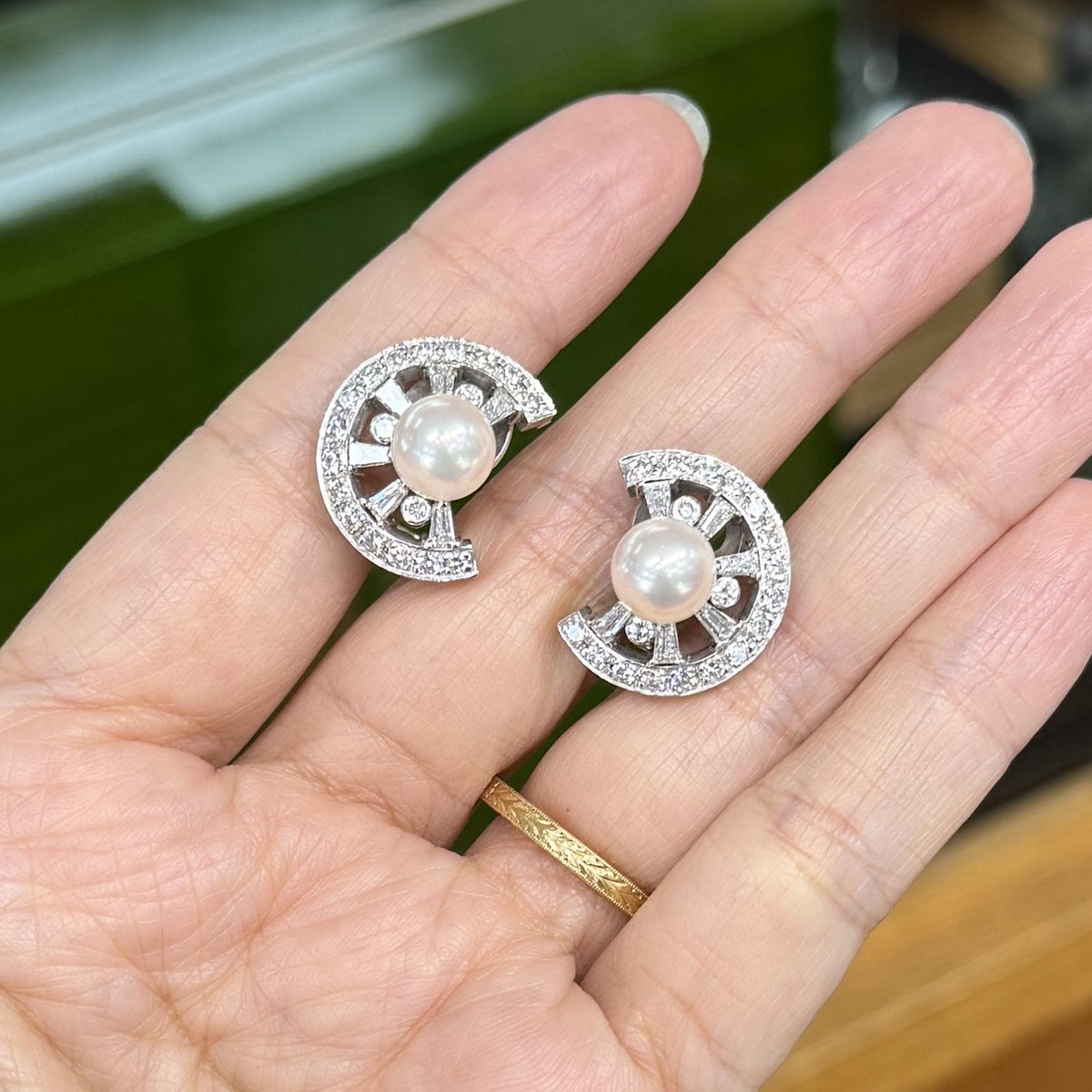 Vintage 1950's Pearl and Diamond Crescent Clip On Earrings 14k White Gold