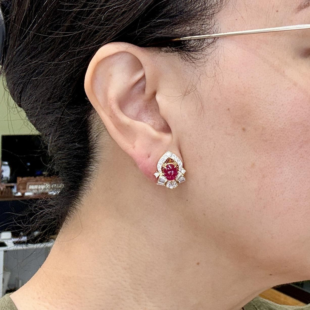 Vintage Ruby Cabochon and Diamond Clip On Earrings 18k Gold
