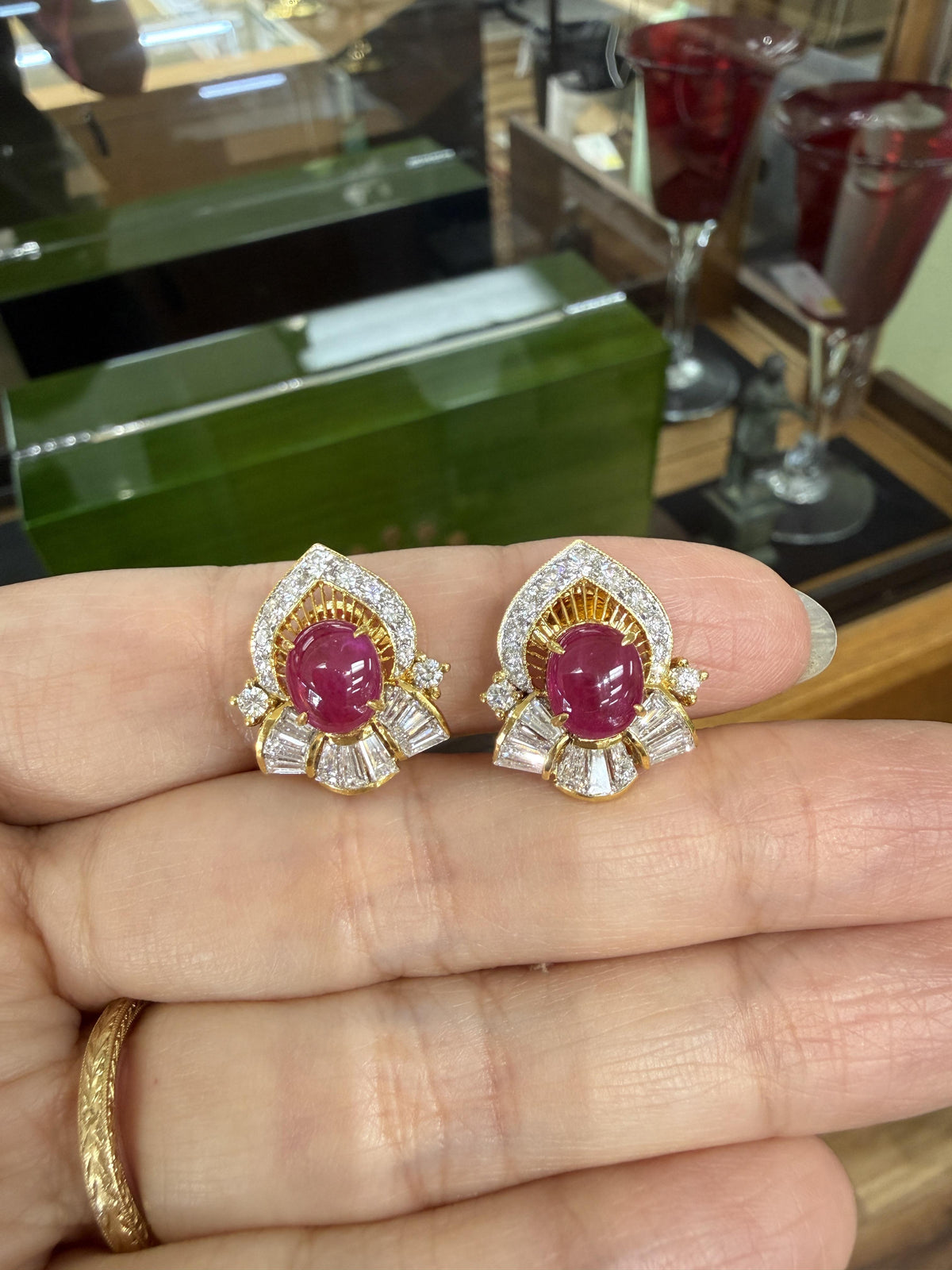Vintage Ruby Cabochon and Diamond Clip On Earrings 18k Gold