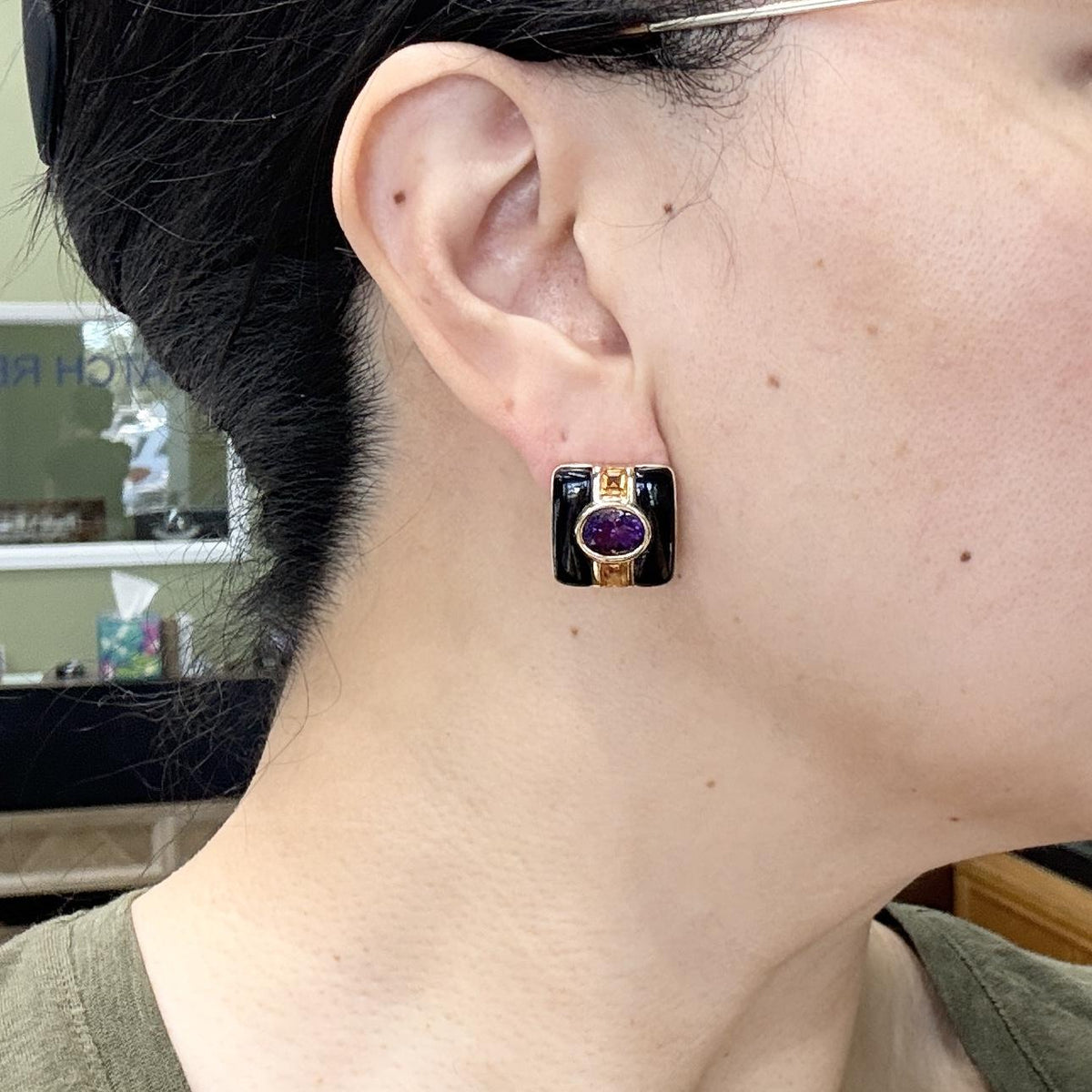 Vintage Onyx Amethyst and Citrine Earrings 14k Yellow Gold