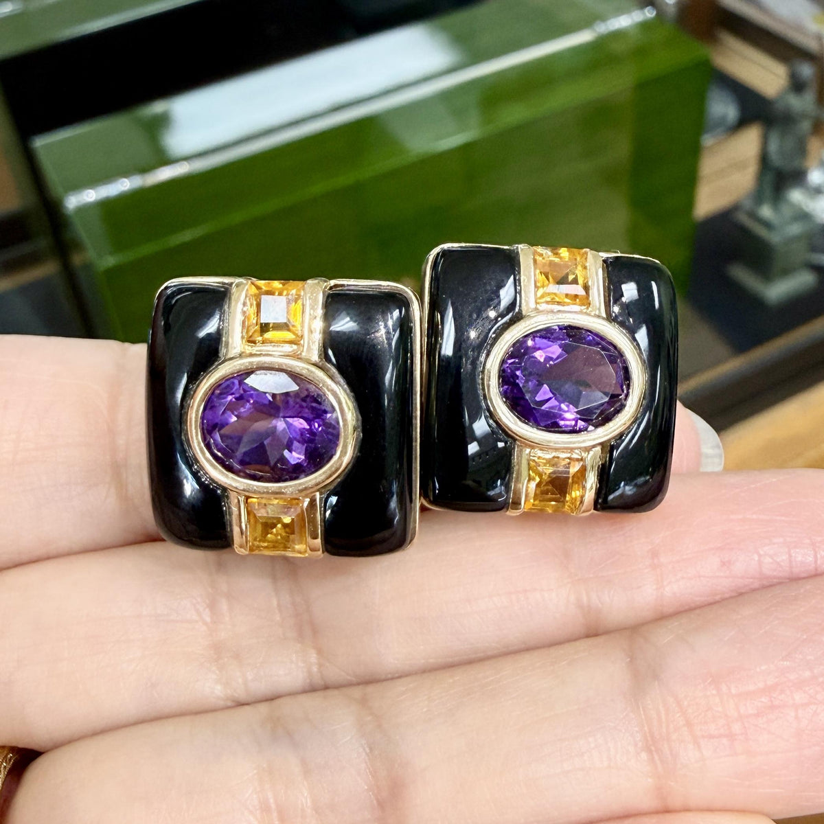 Vintage Onyx Amethyst and Citrine Earrings 14k Yellow Gold