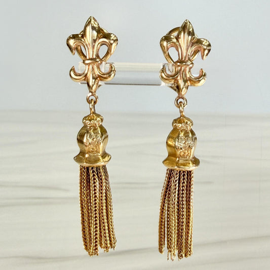 1950's Vintage Fleur-De-Lis Fringe Tassel Clip on Earrings 14k