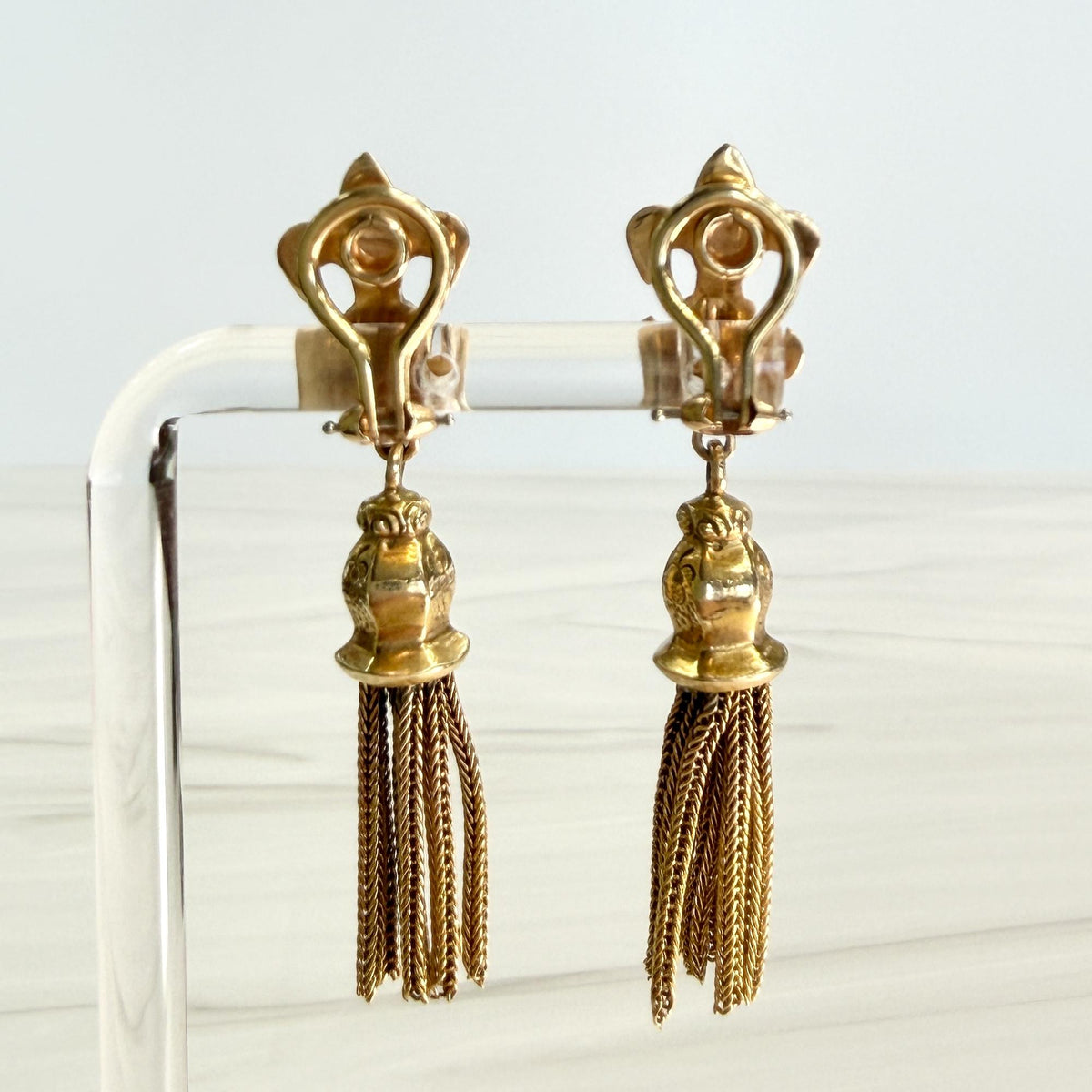 1950's Vintage Fleur-De-Lis Fringe Tassel Clip on Earrings 14k