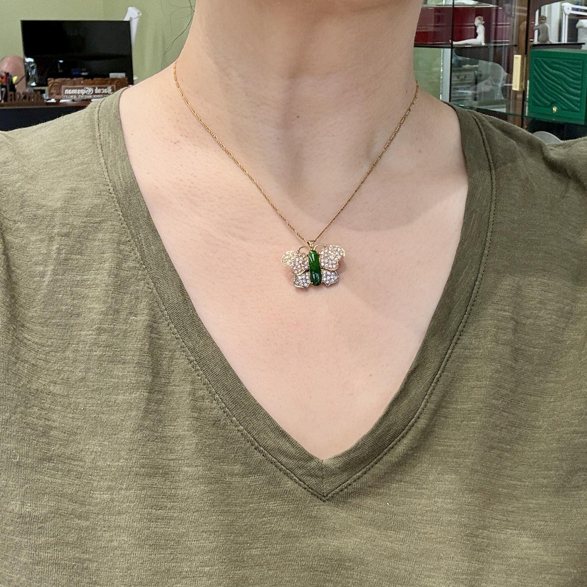 Vintage 1970's Jade Diamond Butterfly Brooch and Pendant 14k