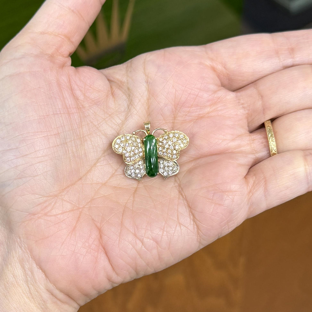 Vintage 1970's Jade Diamond Butterfly Brooch and Pendant 14k