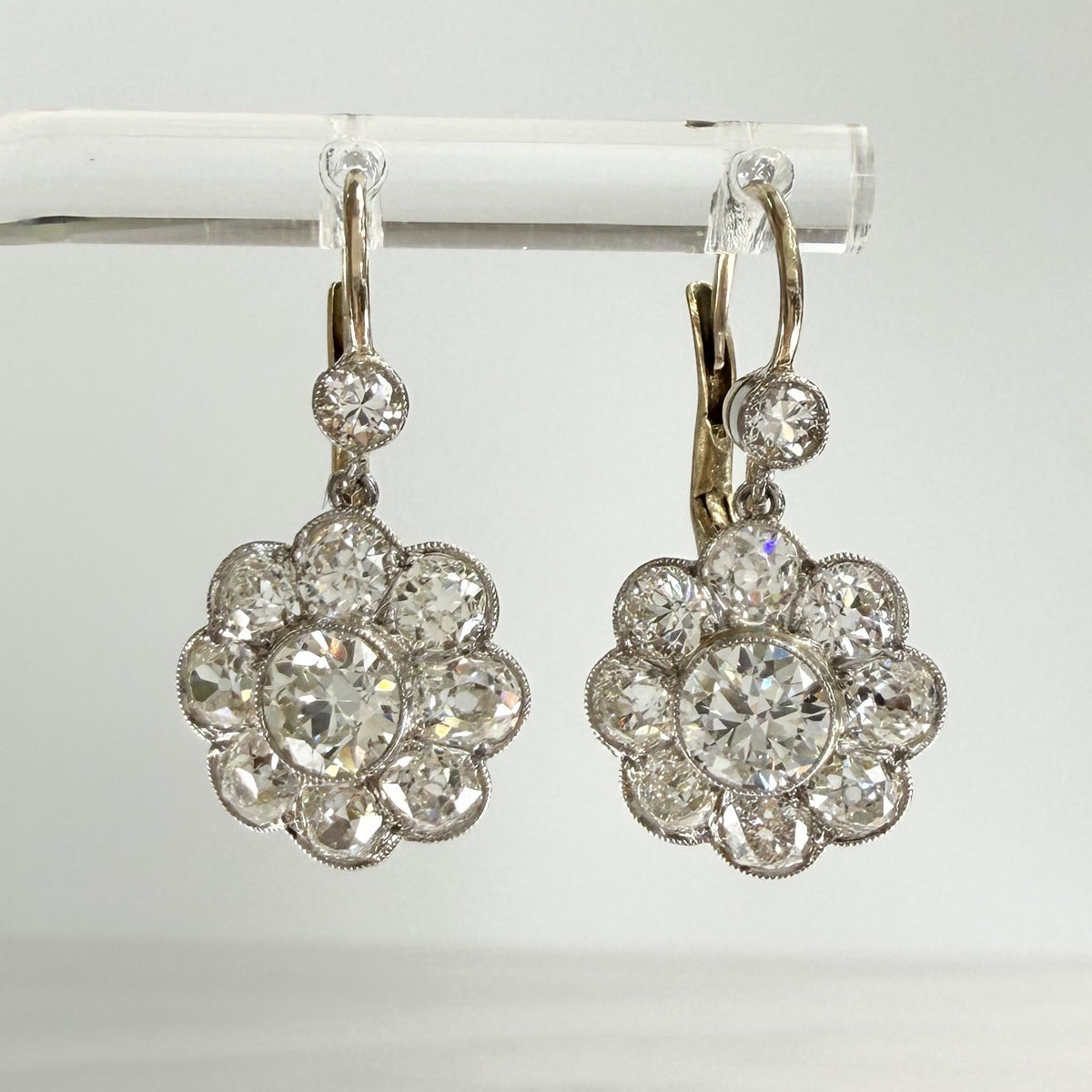 Vintage Old Mine and Old European Cut Diamond Flower Dangle Earrings 18k/Plat
