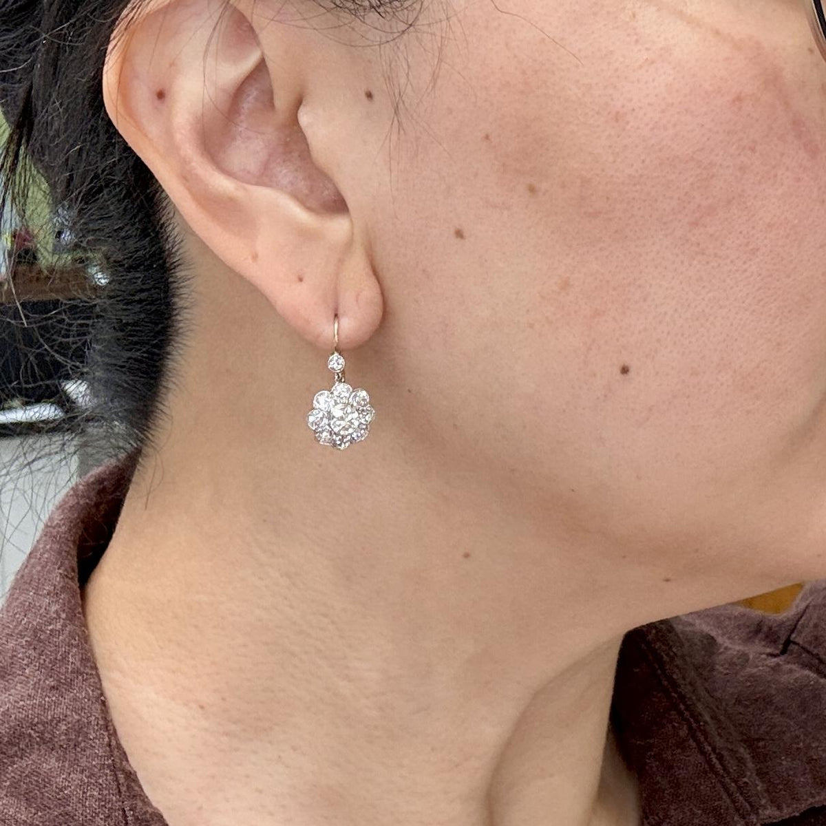 Vintage Old Mine and Old European Cut Diamond Flower Dangle Earrings 18k/Plat