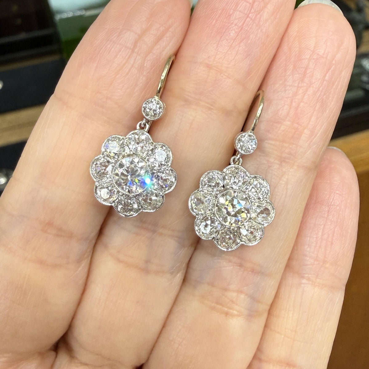 Vintage Old Mine and Old European Cut Diamond Flower Dangle Earrings 18k/Plat